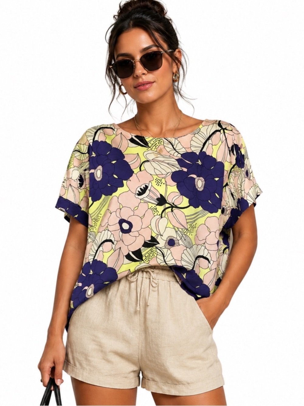 H&M Womens Peach Purple Yellow Poppy Floral Wrap Short Sleeve Top 14 NWT